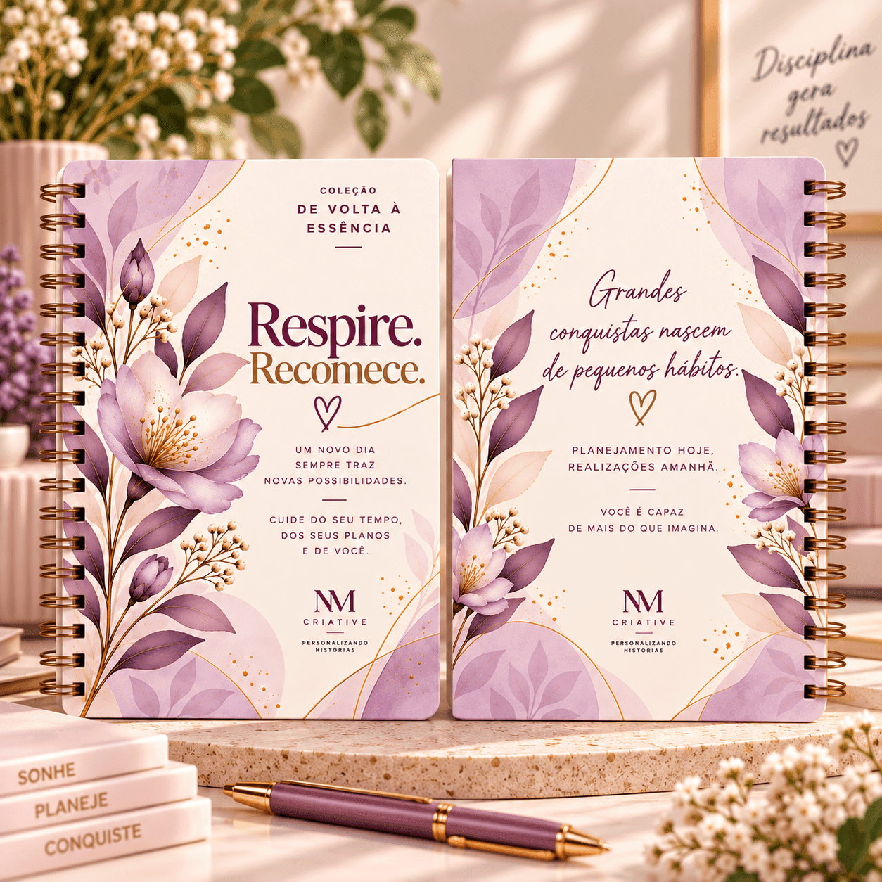 Caderno Floral Respire e Recomece