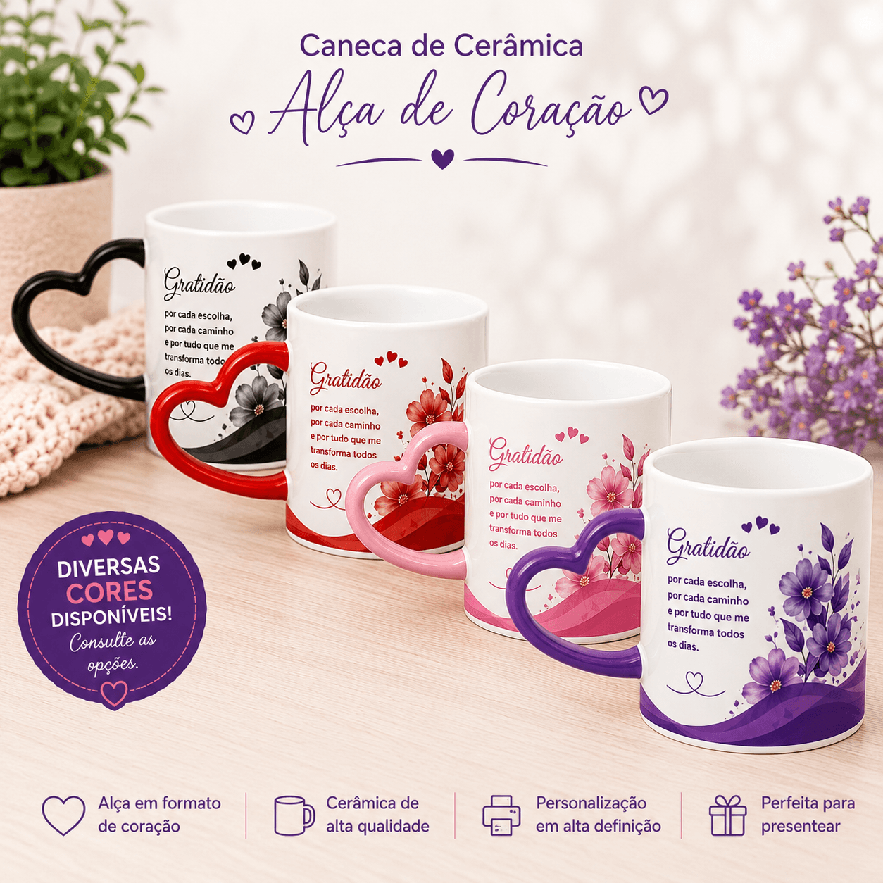 Caneca Branca com Alça de Coração Colorida - 325ml